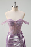 Light Purple Mermaid Corset Metallic Prom Dress with Side Cape