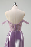 Light Purple Mermaid Corset Metallic Prom Dress with Side Cape