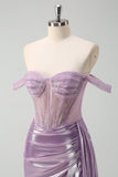 Light Purple Mermaid Corset Metallic Prom Dress with Side Cape