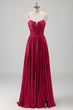 Fuchsia A Line Spaghetti Straps Corset Pleated Prom Dress with Slit