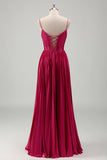 Fuchsia A Line Spaghetti Straps Corset Pleated Prom Dress with Slit