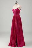 Fuchsia A Line Spaghetti Straps Corset Pleated Prom Dress with Slit