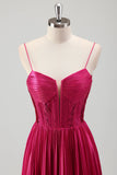 Fuchsia A Line Spaghetti Straps Corset Pleated Prom Dress with Slit