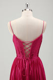 Fuchsia A Line Spaghetti Straps Corset Pleated Prom Dress with Slit