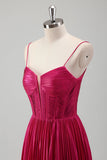 Fuchsia A Line Spaghetti Straps Corset Pleated Prom Dress with Slit