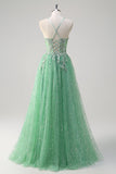 Sparkly Light Green A Line Spaghetti Straps Corset Sequined Prom Dress with Slit