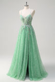 Sparkly Light Green A Line Spaghetti Straps Corset Sequined Prom Dress with Slit