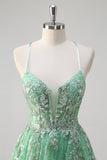 Sparkly Light Green A Line Spaghetti Straps Corset Sequined Prom Dress with Slit