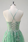 Sparkly Light Green A Line Spaghetti Straps Corset Sequined Prom Dress with Slit