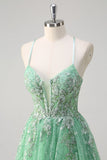 Sparkly Light Green A Line Spaghetti Straps Corset Sequined Prom Dress with Slit