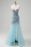 Sparkly Light Blue Mermaid Strapless Corset Beaded Prom Dress With Slit