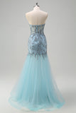 Sparkly Light Blue Mermaid Strapless Corset Beaded Prom Dress With Slit