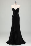 Sparkly Black Mermaid Applique Sweetheart Sweep Train Prom Dress with Slit