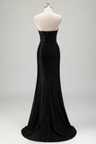 Sparkly Black Mermaid Applique Sweetheart Sweep Train Prom Dress with Slit