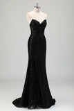 Sparkly Black Mermaid Applique Sweetheart Sweep Train Prom Dress with Slit