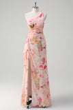 Peach One Shoulder Floral Printed Sheath Prom Dress with Slit