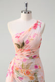 Peach One Shoulder Floral Printed Sheath Prom Dress with Slit