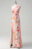 Peach One Shoulder Floral Printed Sheath Prom Dress with Slit