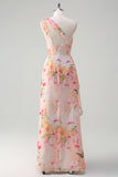 Peach One Shoulder Floral Printed Sheath Prom Dress with Slit