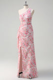 Pink One Shoulder Pleated Floral Printed Prom Dress with Slit