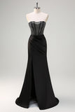 Black Mermaid Strapless Ruched Satin Corset Prom Dress with Beading