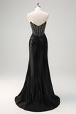 Black Mermaid Strapless Ruched Satin Corset Prom Dress with Beading