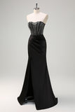 Black Mermaid Strapless Ruched Satin Corset Prom Dress with Beading