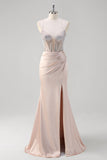 Blush Spaghetti Straps Corset Beaded Satin Mermaid Prom Dress with Slit