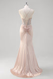 Blush Spaghetti Straps Corset Beaded Satin Mermaid Prom Dress with Slit