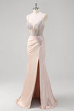 Blush Spaghetti Straps Corset Beaded Satin Mermaid Prom Dress with Slit