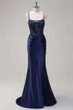 Navy Satin Spaghetti Straps Beaded Mermaid Prom Dress with Slit