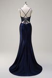 Navy Satin Spaghetti Straps Beaded Mermaid Prom Dress with Slit