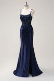 Navy Satin Spaghetti Straps Beaded Mermaid Prom Dress with Slit