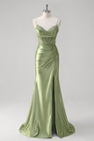 Green Applique Pleated Mermaid Satin Prom Dress with Slit