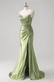 Green Applique Pleated Mermaid Satin Prom Dress with Slit