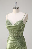 Green Applique Pleated Mermaid Satin Prom Dress with Slit