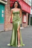 Green Applique Pleated Mermaid Satin Prom Dress with Slit