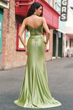 Green Applique Pleated Mermaid Satin Prom Dress with Slit