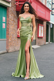 Green Applique Corset Mermaid Satin Prom Dress with Slit