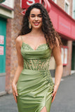 Green Applique Corset Mermaid Satin Prom Dress with Slit