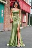 Green Applique Corset Mermaid Satin Prom Dress with Slit