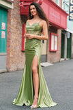 Green Applique Corset Mermaid Satin Prom Dress with Slit