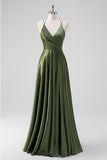 Olive Satin Spaghetti Straps A-Line Pleated Bridesmaid Dress with Slit