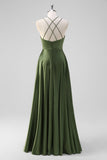 Olive Satin Spaghetti Straps A-Line Pleated Bridesmaid Dress with Slit