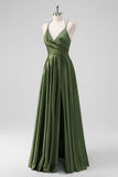 Olive Satin Spaghetti Straps A-Line Pleated Bridesmaid Dress with Slit