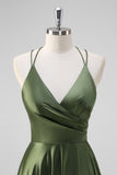 Olive Satin Spaghetti Straps A-Line Pleated Bridesmaid Dress with Slit