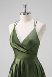 Olive Satin Spaghetti Straps A-Line Pleated Bridesmaid Dress with Slit