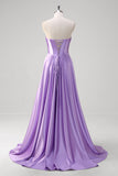 Purple Strapless Corset Satin Pleated A-Line Prom Dress with Slit