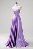 Purple Strapless Corset Satin Pleated A-Line Prom Dress with Slit