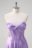 Purple Strapless Corset Satin Pleated A-Line Prom Dress with Slit